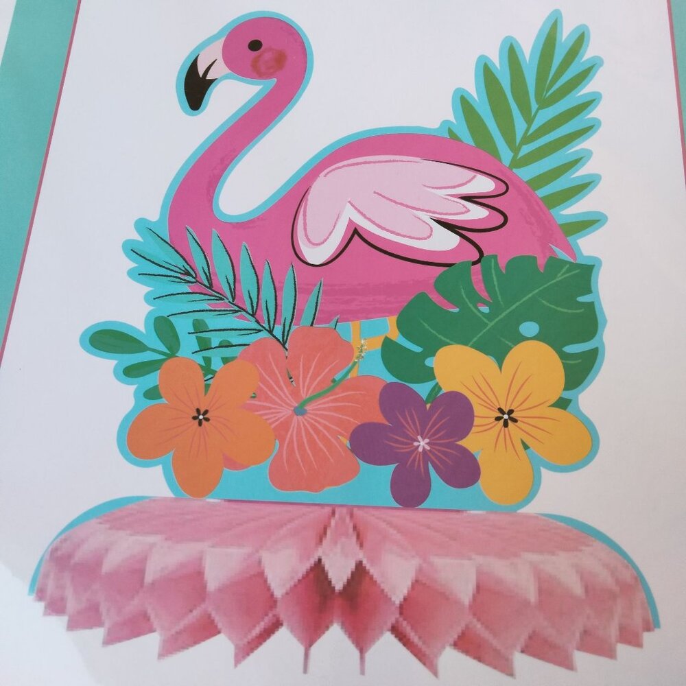 Pink Flamingo Centerpiece Tropical Flowers Palm Leaves 11 In Summer Pool Party